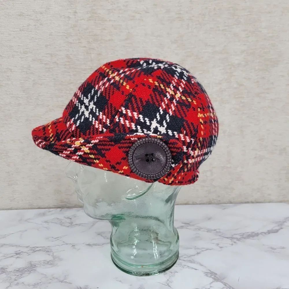 San Diego Hat Co Y2K Red Plaid Tweed Newsboy Cap with Button Detail Wool Blend